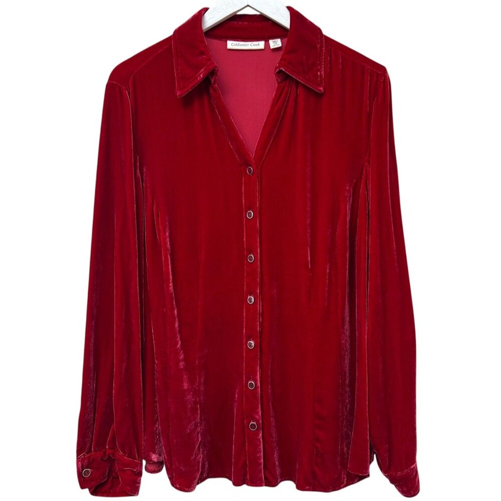 Coldwater Creek Velvet Top Womens Plus Size 1X Red Silk Blend Button up Blouse